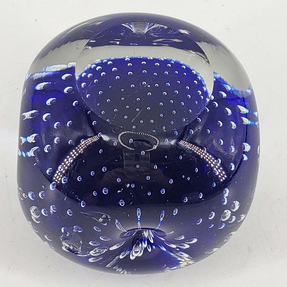 Blue Pinched Sides Studio art Glass Paperweight controlled Bubbles Smooth pontil - Picture 2 of 3